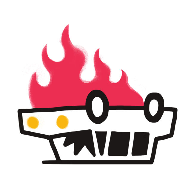 Eine einfache Cartoon-Zeichnung eines umgestürzten Autos, aus dem rote Flammen aufsteigen, was darauf hinweist, dass das Auto brennt. Der Hintergrund ist weiß.