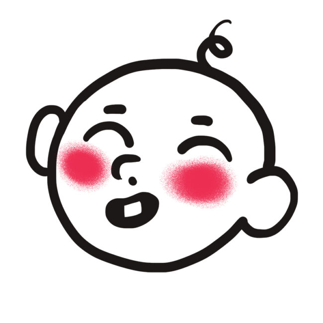 Einfache schwarze Umrisszeichnung eines lächelnden Babygesichts mit geschlossenen Augen, einer einzelnen Haarlocke, großen Ohren und rosigen roten Wangen. Der Hintergrund ist einfarbig weiß.