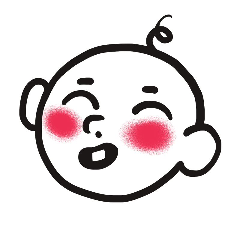 Einfache schwarze Umrisszeichnung eines lächelnden Babygesichts mit geschlossenen Augen, einer einzelnen Haarlocke, großen Ohren und rosigen roten Wangen. Der Hintergrund ist einfarbig weiß.