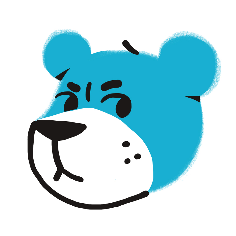 Einfache digitale Illustration eines blauen Bärenkopfes mit schwarzen Konturen, ausdrucksstarken Augenbrauen und einem leichten Grinsen. Die Wangen und die Schnauze des Bären sind weiß mit drei schwarzen Punkten. Der Hintergrund ist einfarbig weiß.