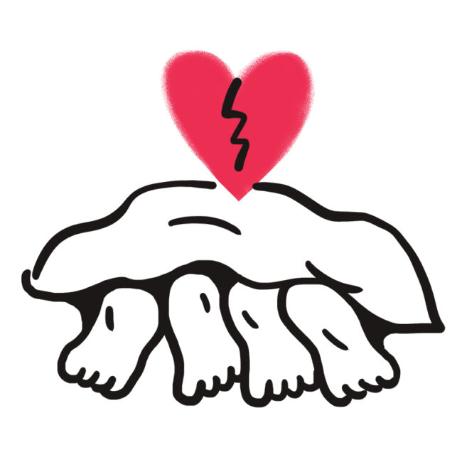 Eine Zeichnung von vier Füßen unter einer Decke mit einem großen, zerbrochenen roten Herz über ihnen, was auf Liebeskummer oder Beziehungsprobleme hindeutet.