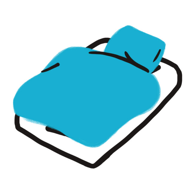 Eine einfache, handgezeichnete Illustration eines Bettes mit einer blauen Decke und einem blauen Kissen auf einer Matratze, schwarz umrandet auf einem weißen Hintergrund.