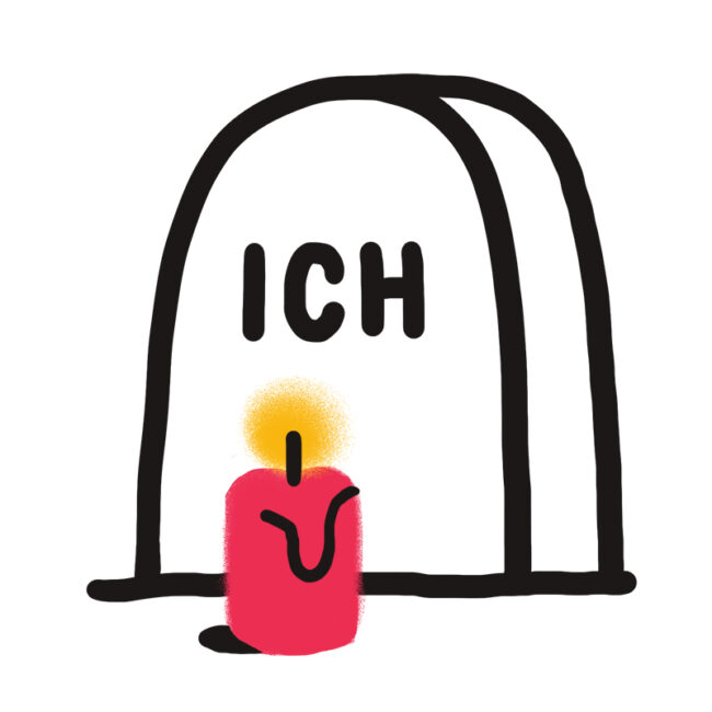 Eine einfache Zeichnung eines Grabsteins mit dem Schriftzug ICH und einer davor stehenden brennenden roten Kerze.