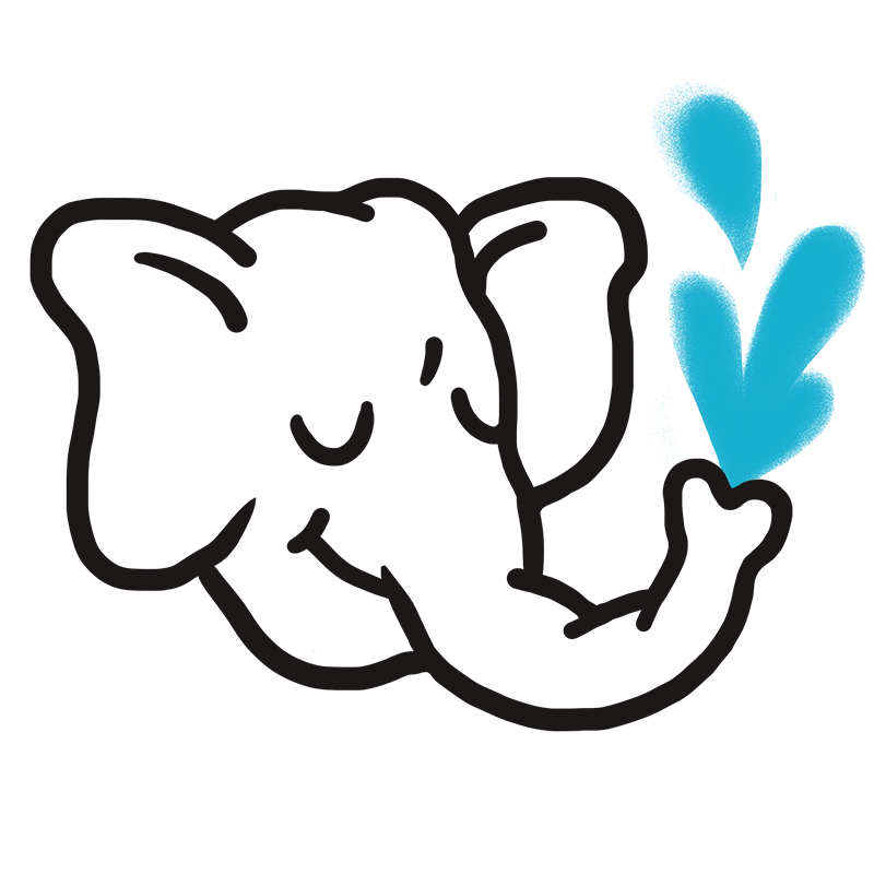 Einfache schwarze Strichzeichnung eines lächelnden Elefanten, der drei blaue Wassertropfen aus seinem Rüssel sprüht. Die Augen des Elefanten sind geschlossen, und seine Ohren sind groß und abgerundet.