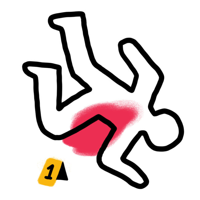 Ein einfacher Umriss einer menschlichen Figur, die auf dem Boden liegt, mit einem roten Fleck im Bereich des Oberkörpers und einer gelben Spurensicherungsmarkierung mit der Aufschrift 1 daneben, was auf einen Tatort hindeutet.