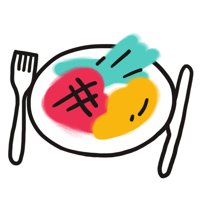 Eine einfache, abstrakte Zeichnung eines Tellers mit bunten Lebensmittelformen, einer Gabel auf der linken und einem Messer auf der rechten Seite. Die Lebensmittel umfassen rote, gelbe und blaue Bereiche, die Steak, Kartoffeln und Gemüse andeuten.