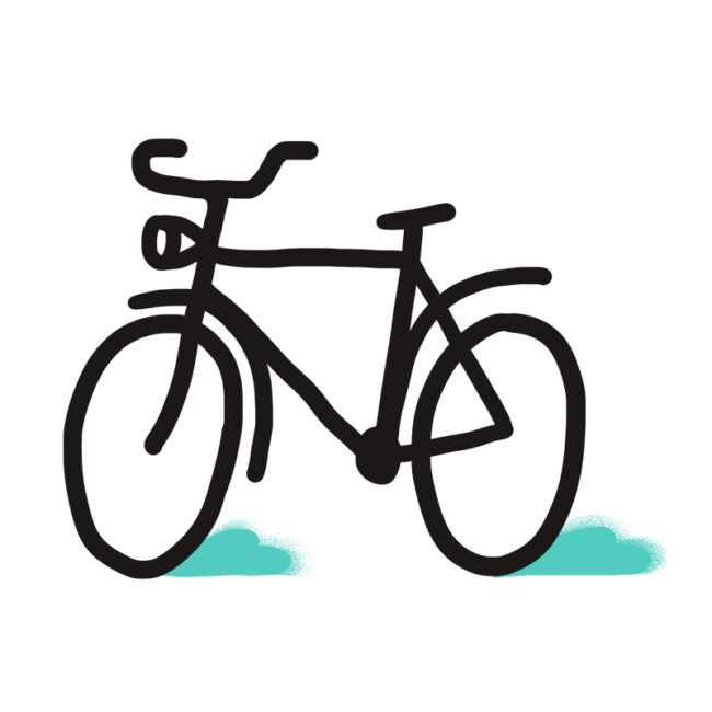Eine einfache, handgezeichnete Illustration eines Fahrrads mit dicken schwarzen Linien und blaugrüner Schattierung unter den Rädern vor einem weißen Hintergrund.