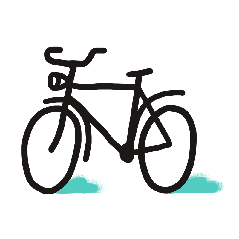 Eine einfache, handgezeichnete Illustration eines Fahrrads mit dicken schwarzen Linien und blaugrüner Schattierung unter den Rädern vor einem weißen Hintergrund.