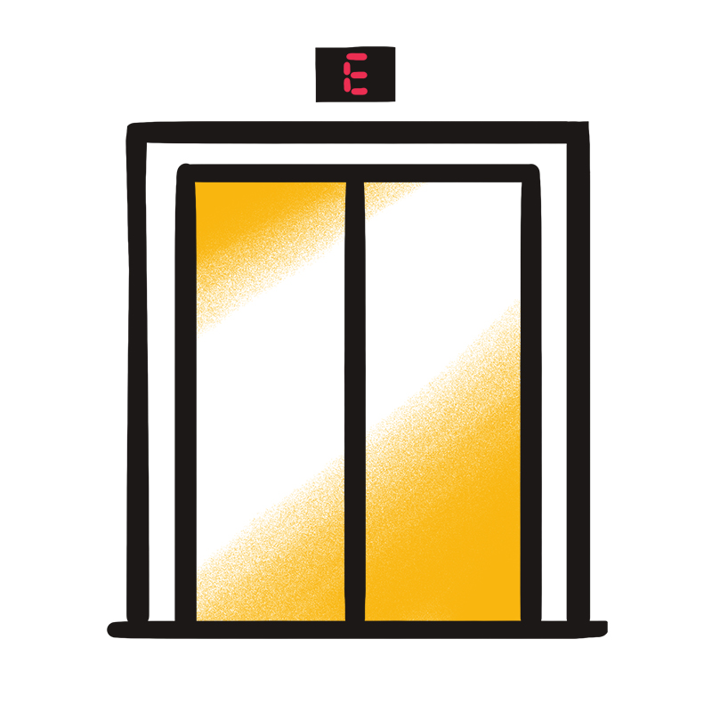 Illustration von geschlossenen gelben Aufzugstüren mit einer Digitalanzeige darüber, die den Buchstaben E in Rot zeigt.