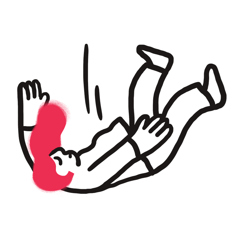 Eine einfache Strichzeichnung einer Person mit roten, nach hinten fallenden Haaren, erhobenen Armen und Beinen, mit Bewegungslinien, die Bewegung anzeigen, auf weißem Hintergrund.