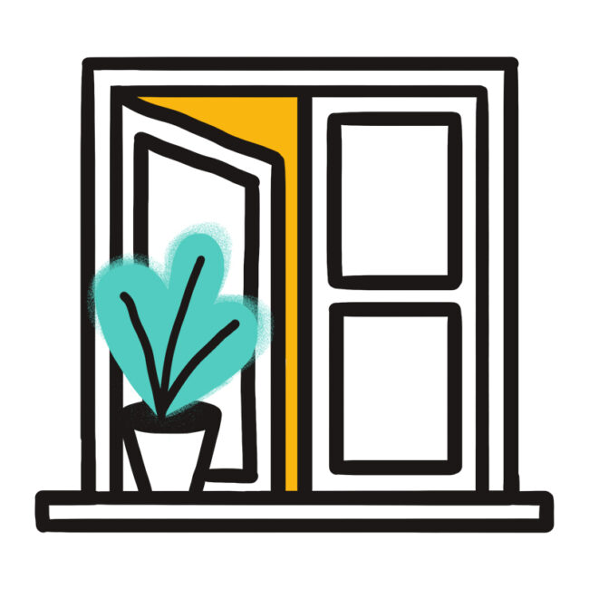 Eine einfache Zeichnung eines offenen Fensters mit einer gelben Platte, einer Topfpflanze mit blaugrünen Blättern auf der Fensterbank und einem weißen Hintergrund.