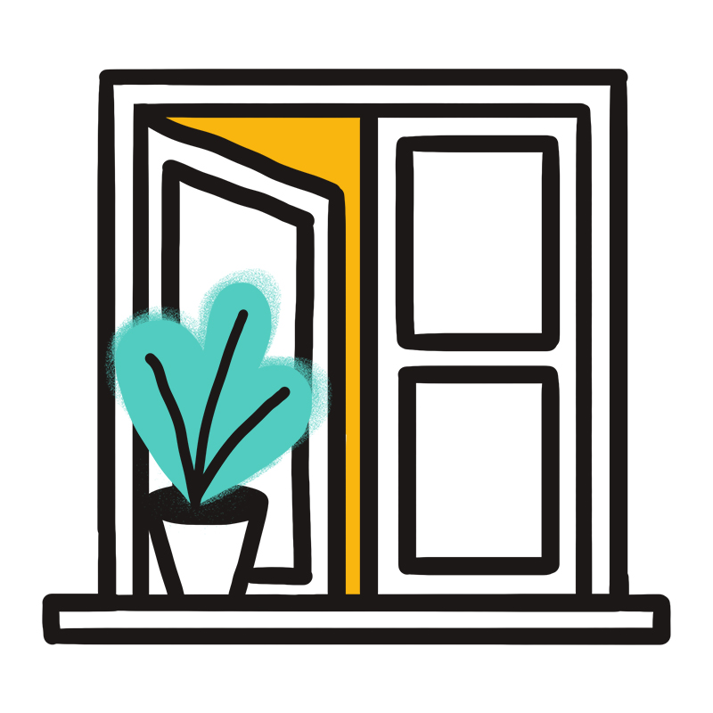 Eine einfache Zeichnung eines offenen Fensters mit einer gelben Platte, einer Topfpflanze mit blaugrünen Blättern auf der Fensterbank und einem weißen Hintergrund.