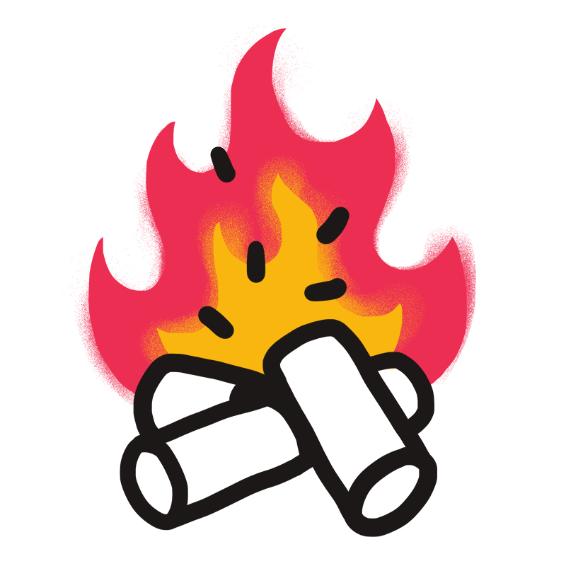 Eine einfache Illustration im Cartoon-Stil eines Lagerfeuers mit drei Holzscheiten am Boden und hellen gelben und roten Flammen, die über ihnen auf einem weißen Hintergrund aufsteigen.