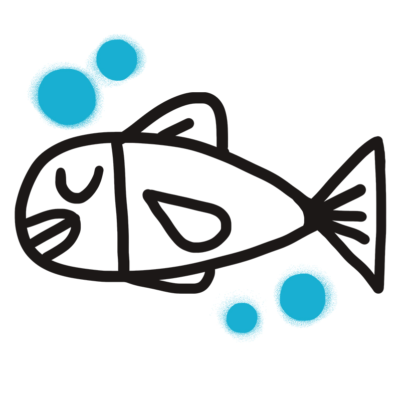 Einfache schwarze Strichzeichnung eines Fisches mit geschlossenen Augen, umgeben von vier blauen Blasen unterschiedlicher Größe auf weißem Hintergrund. Der Fisch wirkt ruhig und hat minimale, cartoon-artige Züge.