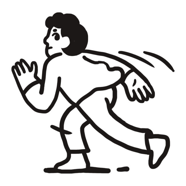 Eine schwarz-weiße Strichzeichnung einer Person, die mit einem Arm nach vorne und dem anderen Arm nach hinten läuft und einen entschlossenen Gesichtsausdruck hat.