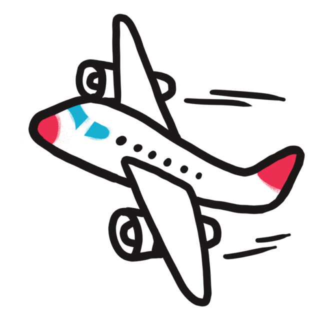 Eine einfache Illustration eines Flugzeugs im Cartoon-Stil mit roten Akzenten an der Nase und am Heck, blauen Cockpitfenstern und Bewegungslinien, die anzeigen, dass es fliegt.