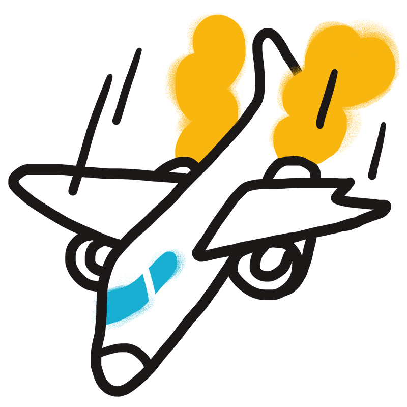 Cartoonzeichnung eines schräg nach unten fliegenden Flugzeugs, aus dessen Triebwerken orangefarbener Rauch oder Flammen austreten, was auf einen Notfall oder einen Absturz hindeutet.
