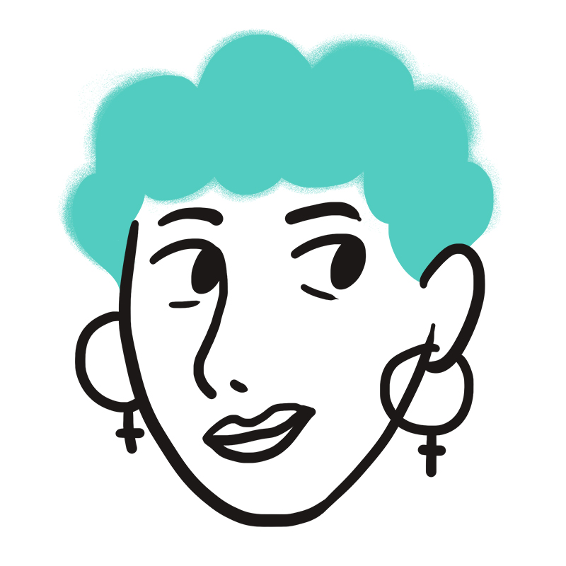Einfaches, illustriertes Gesicht mit tealfarbenem, gelocktem Haar, großen Ohrringen mit Kreuzanhängern, gewölbten Augenbrauen und einem leichten Lächeln, gezeichnet in einem minimalen schwarzen Linienstil.