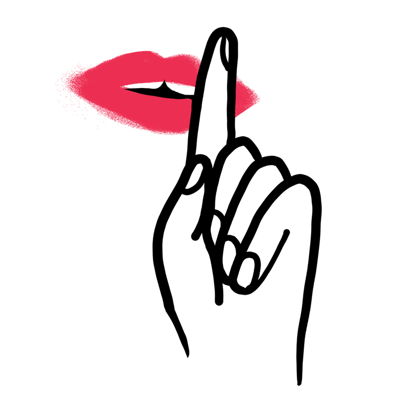 Eine Hand mit erhobenem Zeigefinger vor roten Lippen, die eine Geste für Schweigen oder Pst andeutet. Die Illustration ist einfach, mit kräftigen Linien und minimaler Farbe.