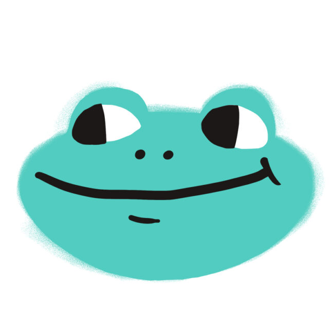 Einfache Zeichnung im Cartoon-Stil eines lächelnden türkisfarbenen Froschgesichts mit großen, ungleichmäßigen schwarzen und weißen Augen, kleinen Nasenlöchern und einem breiten, geschwungenen Mund auf weißem Hintergrund.