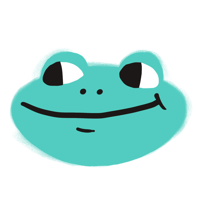 Einfache Zeichnung im Cartoon-Stil eines lächelnden türkisfarbenen Froschgesichts mit großen, ungleichmäßigen schwarzen und weißen Augen, kleinen Nasenlöchern und einem breiten, geschwungenen Mund auf weißem Hintergrund.