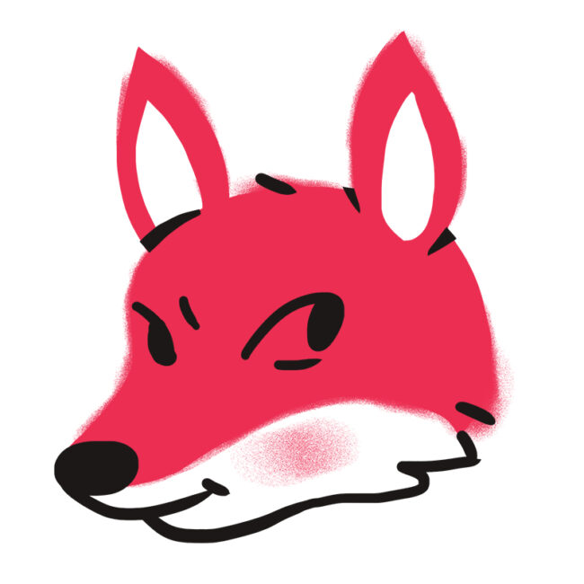 Eine einfache, stilisierte Illustration eines roten Fuchskopfes mit großen spitzen Ohren, einer schwarzen Nase und einem schlauen Gesichtsausdruck vor einem weißen Hintergrund.