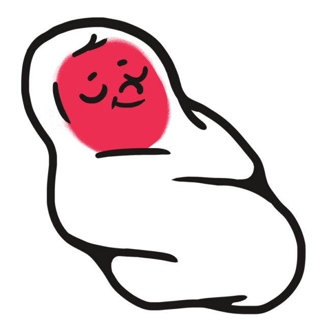 Eine einfache Illustration im Cartoon-Stil eines lächelnden Babys, das gemütlich in eine weiße Decke eingewickelt ist, mit einem runden roten Gesicht und minimalen Gesichtszügen auf einem einfachen weißen Hintergrund.