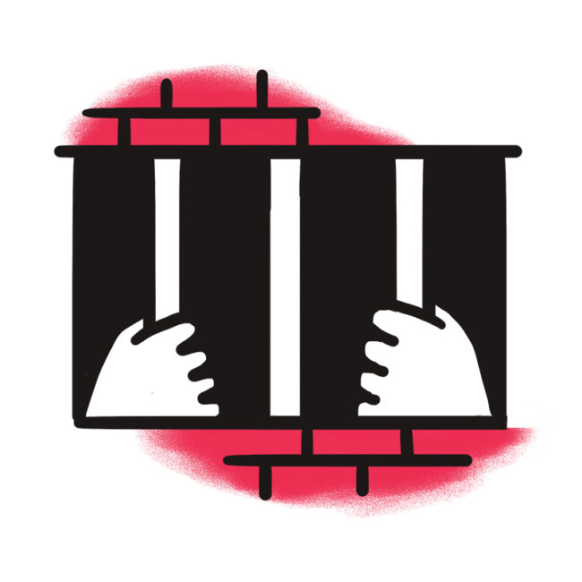 Eine stilisierte Illustration von zwei Händen, die sich an vertikalen Gefängnisstäben festhalten, mit einem roten Schatten hinter den Stäben, der Gefangenschaft oder Einsperrung symbolisiert.