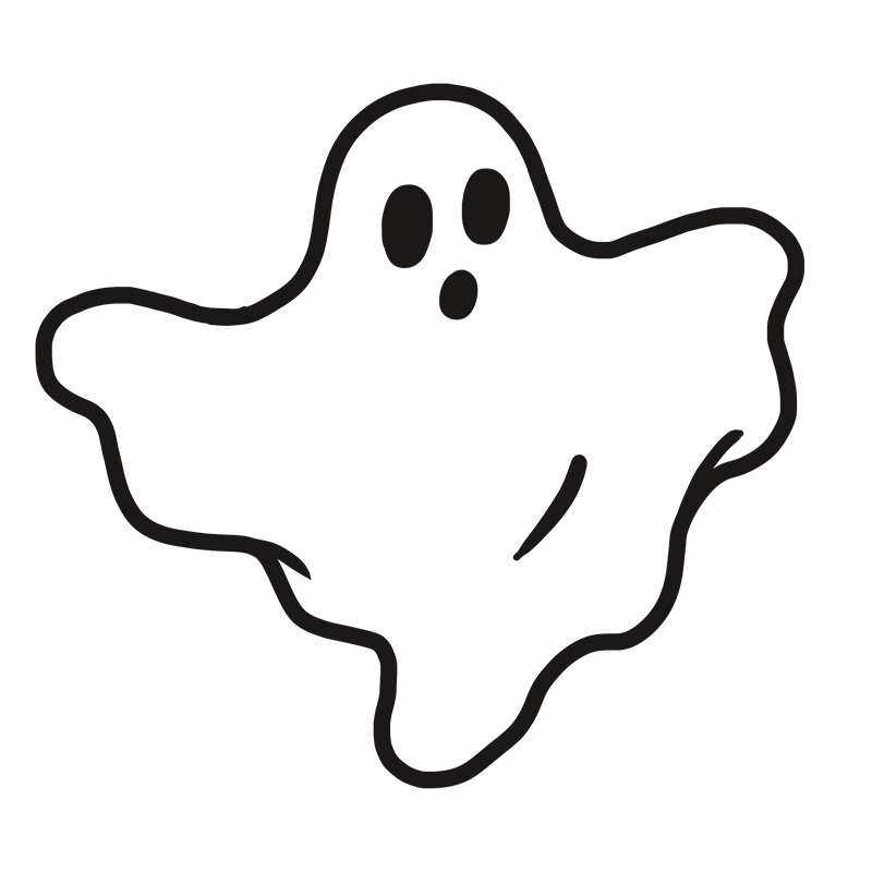 Eine einfache schwarz-weiße Strichzeichnung eines Gespenstes mit zwei ovalen Augen und einem kleinen runden Mund, mit fließenden, gewellten Kanten, die Bewegung suggerieren.