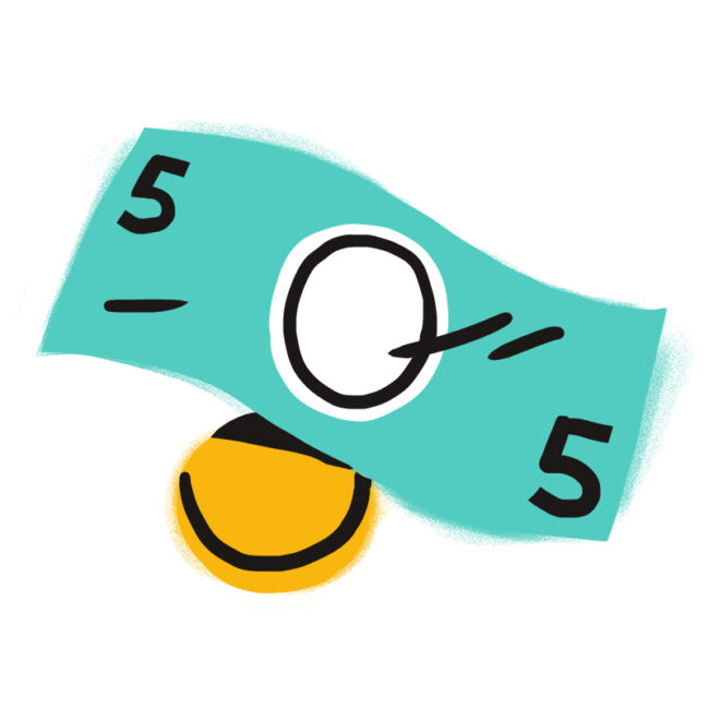 Eine einfache Illustration eines blaugrünen Fünf-Dollar-Scheins über einer gelben und schwarzen Münze auf weißem Hintergrund.