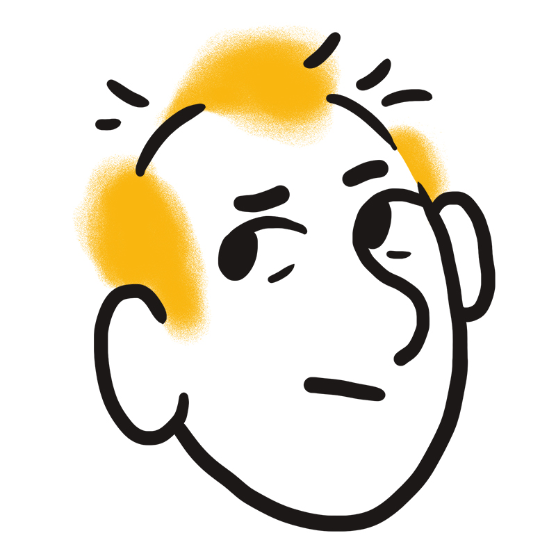 Eine minimalistische Strichzeichnung eines Gesichts mit skeptischem Ausdruck, hochgezogener Augenbraue und orangefarbenen Haarbüscheln.