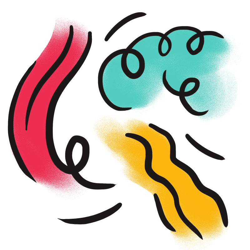 Abstrakte Illustration mit einer roten geschwungenen Form auf der linken Seite, türkisfarbenen wolkenähnlichen Formen auf der oberen rechten Seite und einer gewellten gelben Form auf der unteren rechten Seite, die alle mit kräftigen schwarzen Linien umrandet sind.