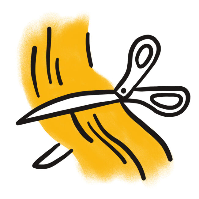 Eine Schere, die eine gelbe Haarsträhne durchschneidet, illustriert mit einfachen schwarzen Linien und einem gelben Farbakzent.