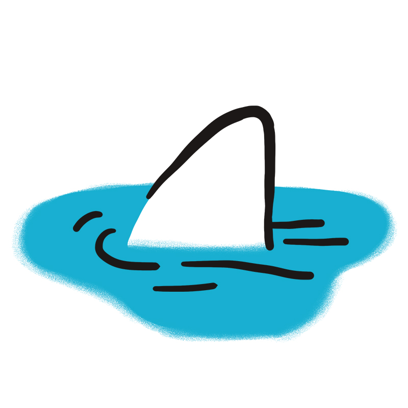 Eine einfache Zeichnung einer Haifischflosse, die aus dem blauen Wasser ragt, mit geschwungenen Linien, die Bewegung anzeigen.