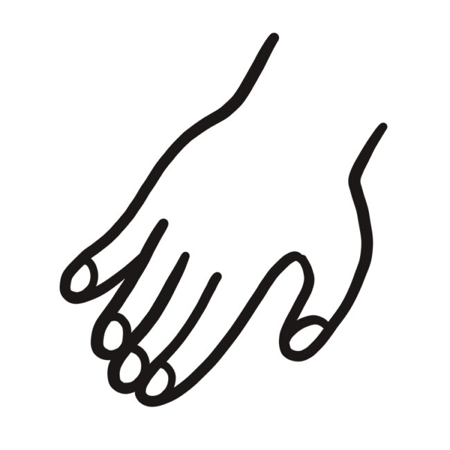 Einfache schwarze Umrisszeichnung einer menschlichen Hand mit leicht gekrümmten Fingern, dargestellt vor einem weißen Hintergrund.