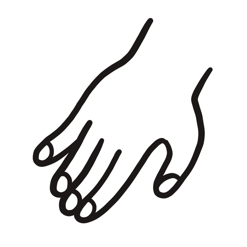 Einfache schwarze Umrisszeichnung einer menschlichen Hand mit leicht gekrümmten Fingern, dargestellt vor einem weißen Hintergrund.