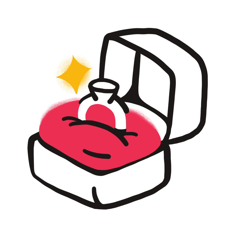 Eine einfache Illustration eines Diamantrings in einer offenen Ringschachtel mit einem roten Kissen und einem gelben Funkeln in der Nähe des Rings auf einem weißen Hintergrund.