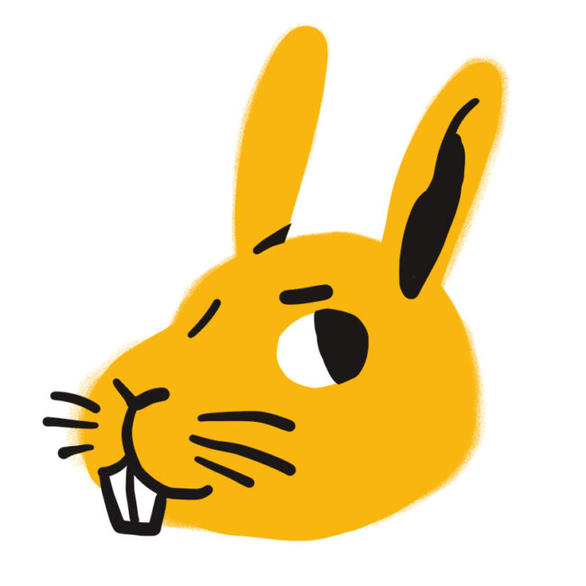 Eine einfache, stilisierte Illustration eines gelben Kaninchenkopfes mit markanten Vorderzähnen, schwarzen Schnurrhaaren und großen aufrechten Ohren. Die Zeichnung verwendet fette schwarze Linien für Gesichtszüge und Ohrdetails.