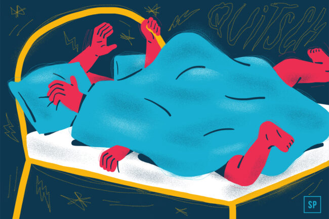 Eine Illustration von zwei Personen im Bett, zugedeckt von einer blauen Decke. Ihre roten Arme und Beine ragen in seltsamen Winkeln heraus, was auf Bewegung oder Chaos hindeutet. Das Wort QUITSCH und verschnörkelte Linien zeigen, dass das Bett laut quietscht.