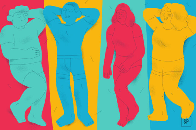 Vier illustrierte Menschen in verschiedenen Farben - blau, rot und gelb - liegen entspannt und schlafend in ihrem eigenen vertikalen Farbausschnitt, jeder repräsentiert einen einzigartigen HEIA Körpertypen. Der Hintergrund ist in helle Farbblöcke unterteilt.