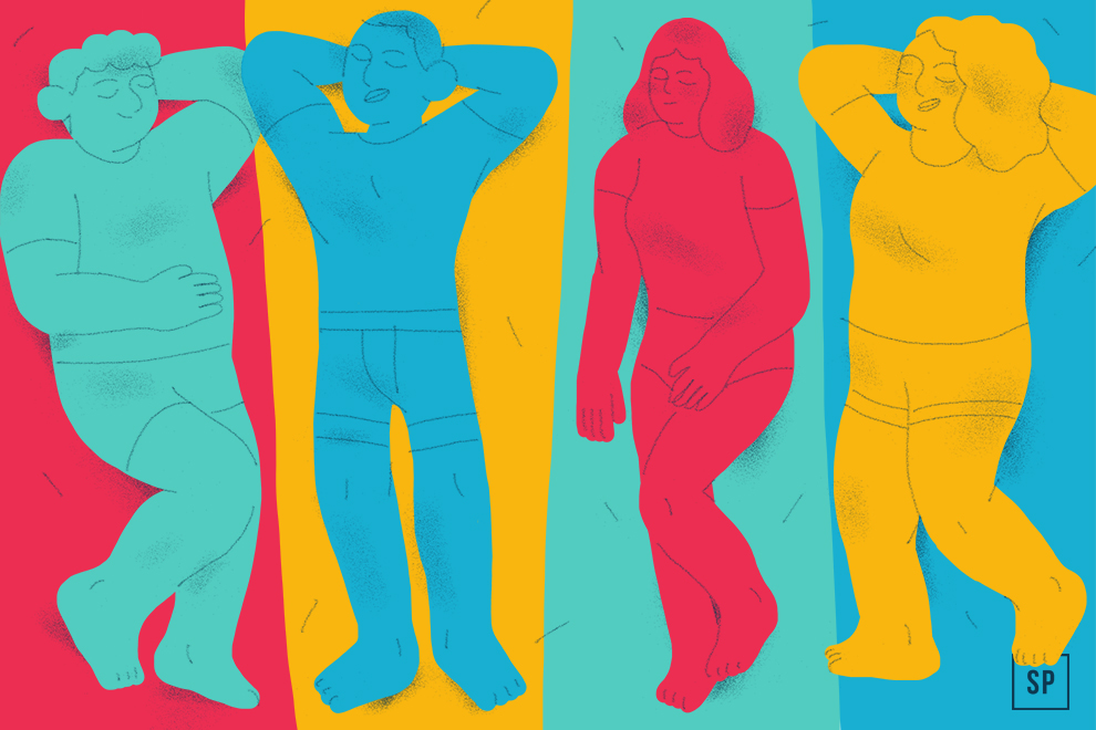 Vier illustrierte Menschen in verschiedenen Farben - blau, rot und gelb - liegen entspannt und schlafend in ihrem eigenen vertikalen Farbausschnitt, jeder repräsentiert einen einzigartigen HEIA Körpertypen. Der Hintergrund ist in helle Farbblöcke unterteilt.