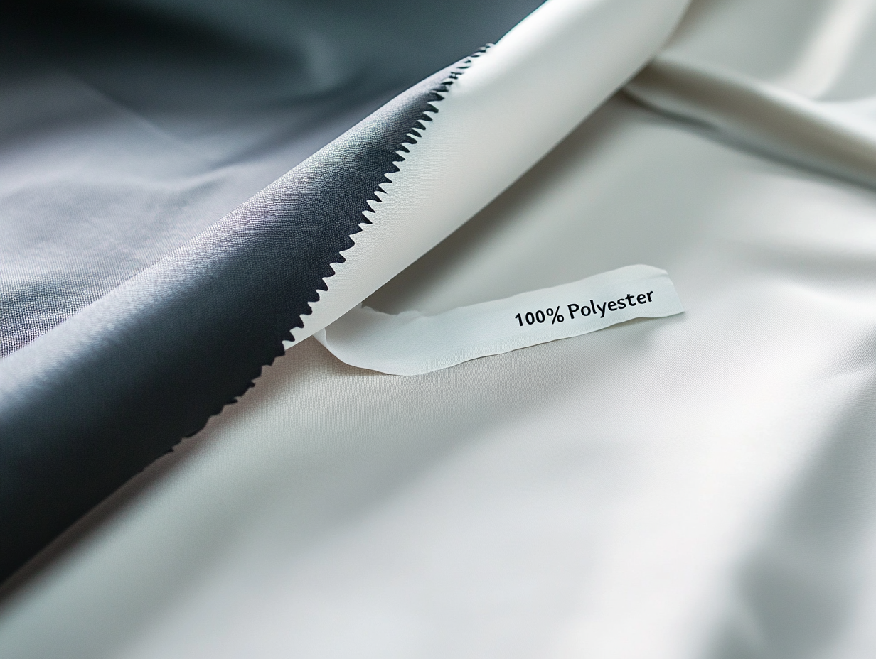 Eine Nahaufnahme eines gefalteten Polyestergewebes mit einem Etikett, auf dem 100% Polyester steht. Die glatte, glänzende Oberfläche weist kontrastierende helle und dunkle Bereiche auf, die die Qualität des Materials unterstreichen.