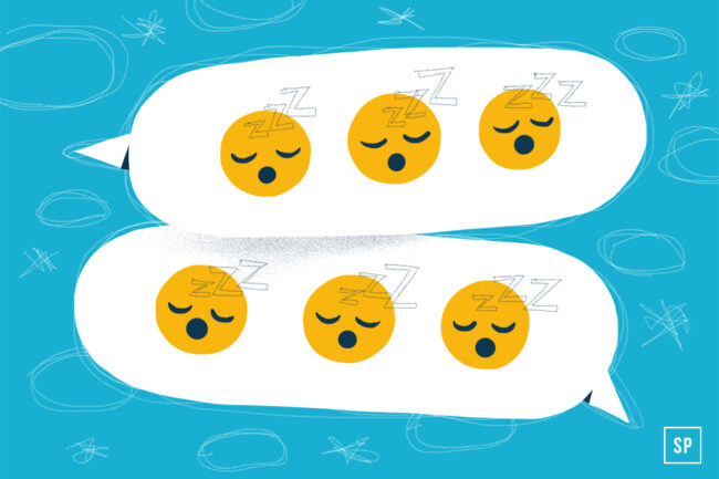 Zwei weiße Sprechblasen auf blauem Hintergrund, jeweils mit drei gelben Schlafgesichts-Emojis und "Z"-Symbolen über ihren Köpfen, die für Schlaf, Langeweile oder im Schlaf reden stehen. Kritzeleien und Wolkenformen füllen den Hintergrund.