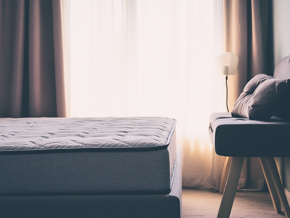 Ein ordentlich gemachtes Bett mit einer Matratze mit Stockflecken steht neben einem modernen grauen Stuhl mit Kissen am Fenster. Durchsichtige Vorhänge lassen sanftes natürliches Licht in den Raum, und eine hohe Lampe steht direkt hinter dem Stuhl.