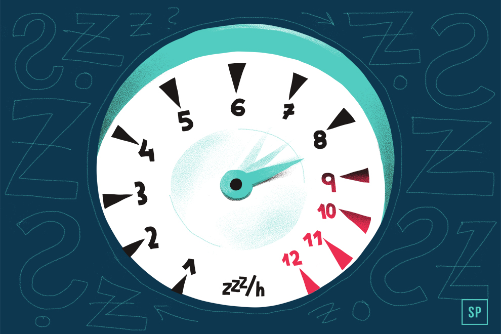 Eine Illustration eines Geschwindigkeitsmessers mit der Aufschrift zzz/h, der die Schlafdauer von 1 bis 12 anzeigt. Die Nadel zeigt auf 8, während der rote Bereich (9-12) vor zu viel Schlaf warnt. Auf einem dunkelblauen Hintergrund sind Fragezeichen und zzz-Symbole zu sehen.