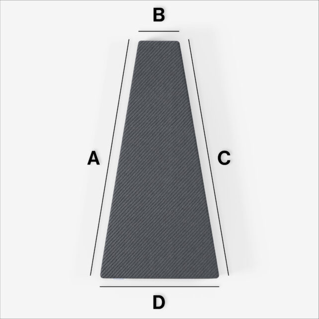 Die Trapezförmige Matratze nach Maß (Variante 4) wird als dunkle Form mit diagonalen Linien auf weißem Hintergrund dargestellt. Sie zeigt die Seiten A (links), B (oben), C (rechts) und D (unten). Ideal für passgenaue Lösungen.