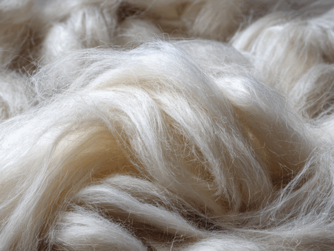 Nahaufnahme von weichen, flauschigen, weißen Fasern, möglicherweise Kapok oder Tierfell, wobei Licht und Schatten die Textur und die einzelnen Stränge hervorheben.