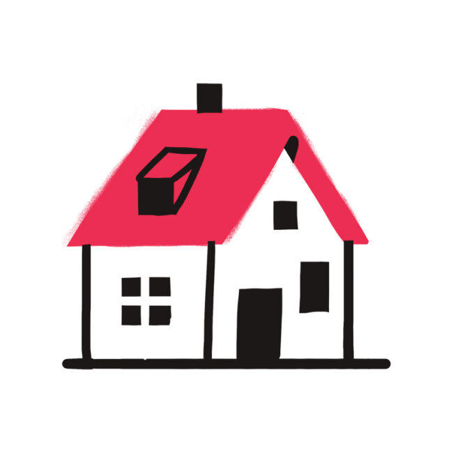 Einfache Illustration eines Hauses mit rotem Dach, schwarzem Schornstein, Vier-Scheiben-Fenster, Haustür und einem kleinen Fenster im Obergeschoss. Die Zeichnung hat einen handgezeichneten, minimalistischen Stil auf einem weißen Hintergrund.