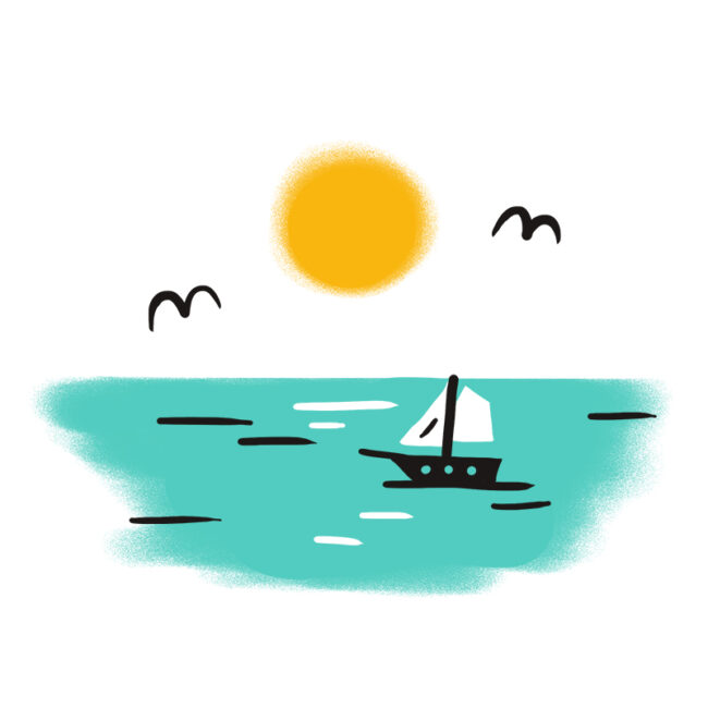 Eine einfache Illustration eines Segelboots auf türkisfarbenem Wasser mit zwei fliegenden Vögeln und einer hellgelben Sonne am Himmel.