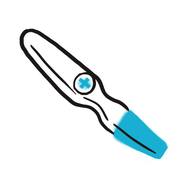 Eine einfache Illustration eines Schlitzschraubendrehers mit einem blauen Griff und einem blauen Kreuzsymbol in der Nähe des oberen Endes auf weißem Hintergrund.